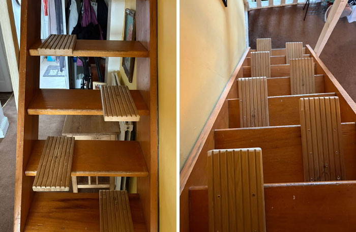 Steep narrow wooden stairs with uneven steps and added grip pads highlighting Airbnb stairs insurance risk.