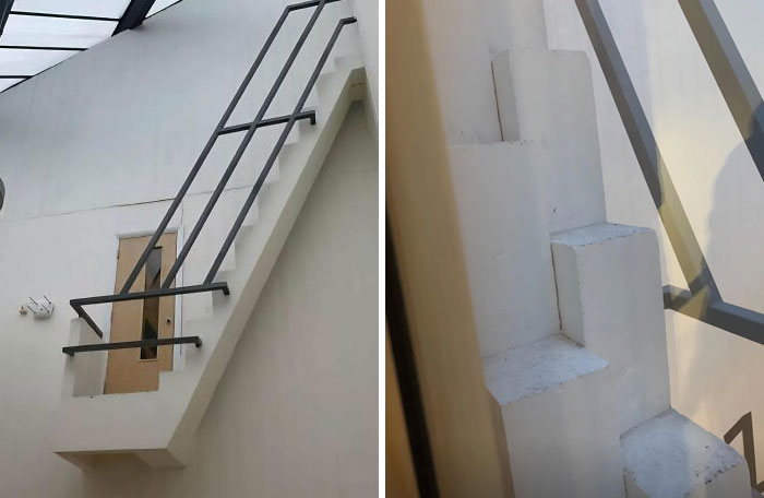 Steep, narrow stairs with minimal railing highlighting a risky Airbnb setup requiring careful insurance consideration.
