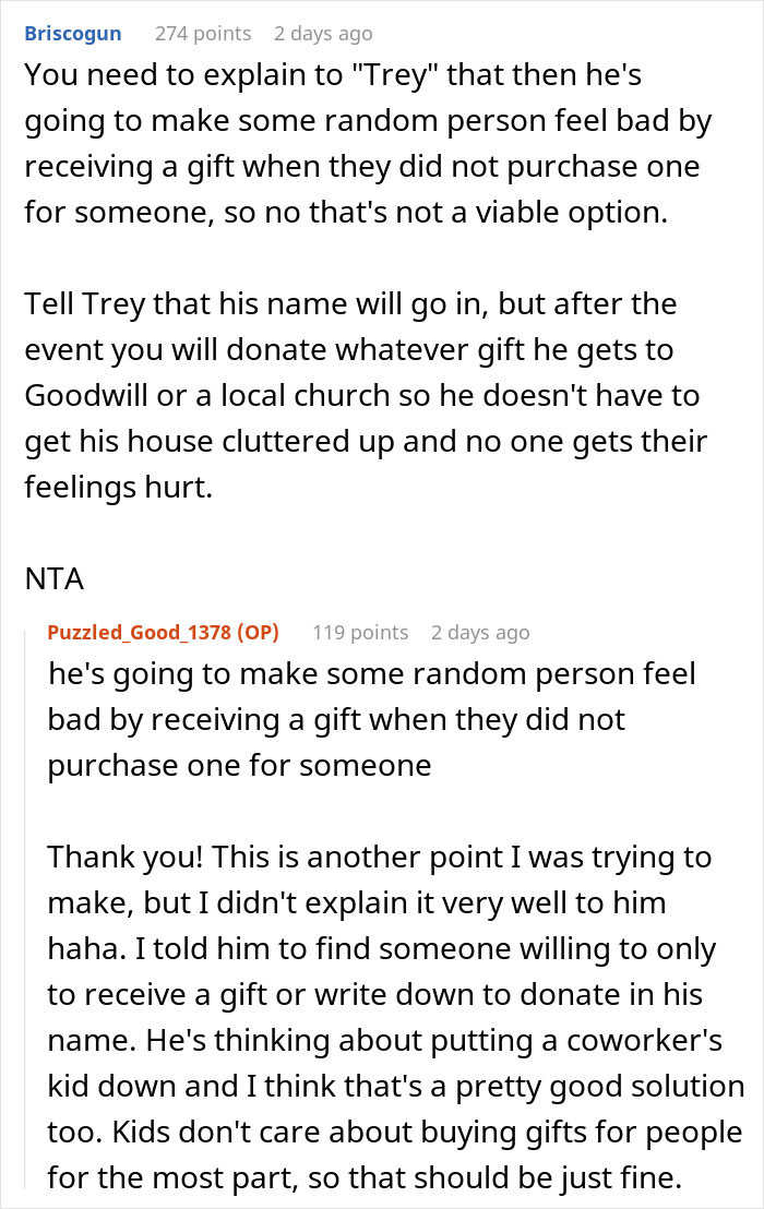 Screenshot of an online discussion about a Secret Santa organizer and coworker gift participation rules.