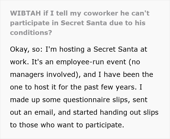 Text excerpt about hosting a Secret Santa at work and managing participant sign-ups for the gift exchange.