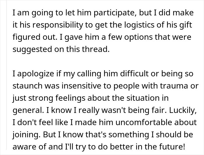 Text excerpt from a Secret Santa organizer setting gift logistics and addressing participation concerns with a coworker.