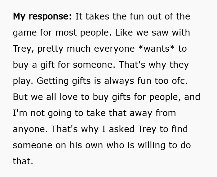 Text response about the Secret Santa organizer refusing coworker participation if they don&rsquo;t want to receive a gift.