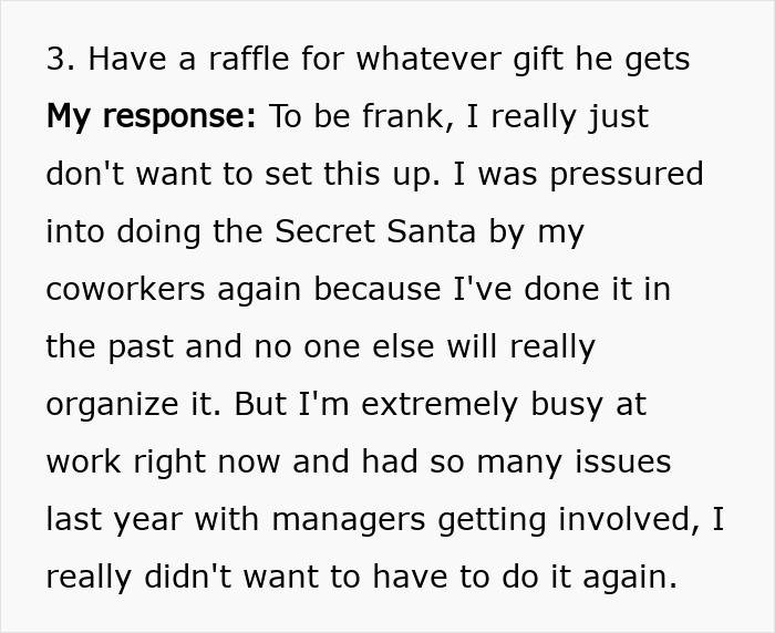 Text excerpt showing a Secret Santa organizer explaining reluctance to set up the event amid coworker pressure and work issues.