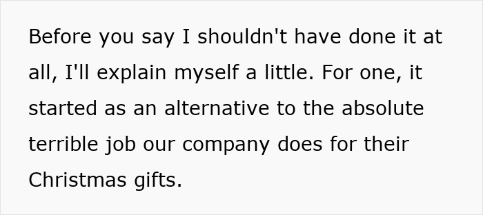 Text excerpt explaining the reason behind a Secret Santa organizer&rsquo;s strict gift participation rules at work.