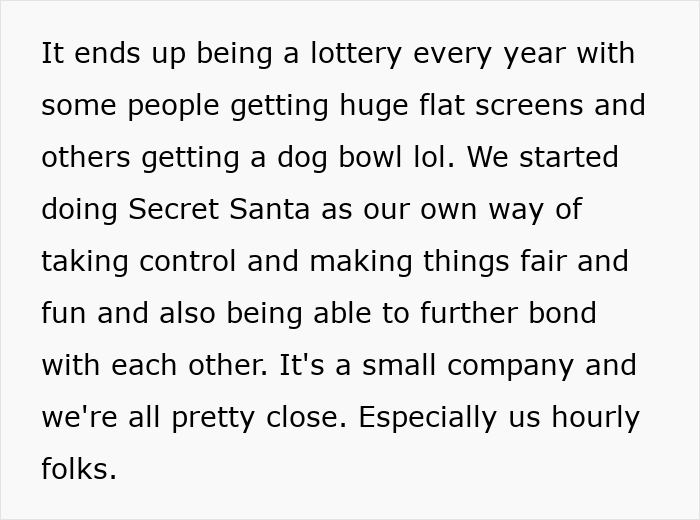 Text excerpt discussing a Secret Santa organizer ensuring fair participation among coworkers in a small company.