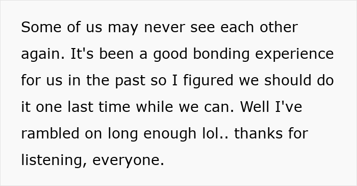 Text message about bonding experience and final gathering, related to secret Santa organizer and coworker gift participation.