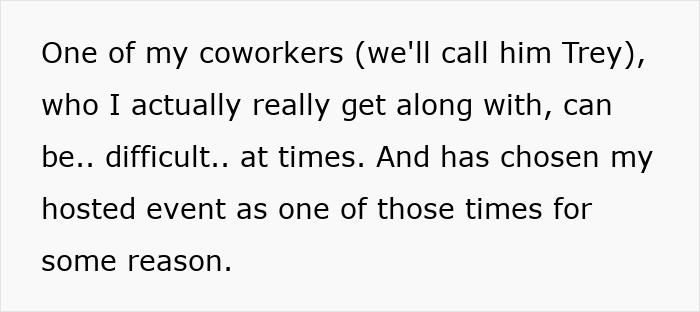 Text excerpt discussing a coworker causing difficulty at a Secret Santa organizer&rsquo;s event for gift participation.