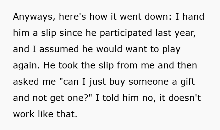 Text excerpt about Secret Santa participation rules, explaining gift exchange requirement for coworkers.