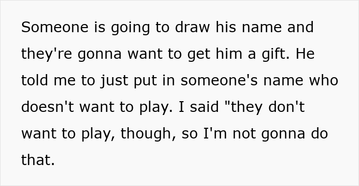 Text excerpt about a Secret Santa organizer refusing coworker participation if they don&rsquo;t want to receive a gift.