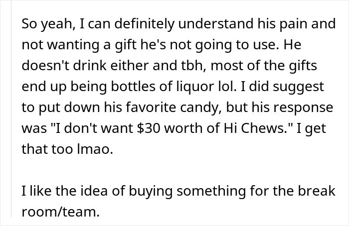Text discussing a coworker's dislike of receiving gifts in a Secret Santa event organized by the team.