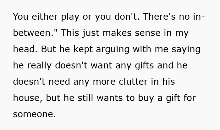 Text on a white background about a Secret Santa organizer refusing coworker participation if they don&rsquo;t want to receive a gift.