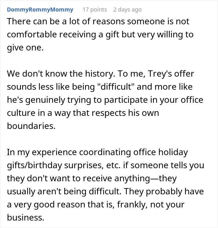 Comment discussing Secret Santa organizer's refusal to let coworker join if he doesn't want to receive a gift.