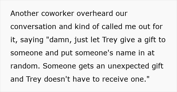 Text of a coworker suggesting allowing Trey to give a Secret Santa gift randomly so he won&rsquo;t have to receive one.