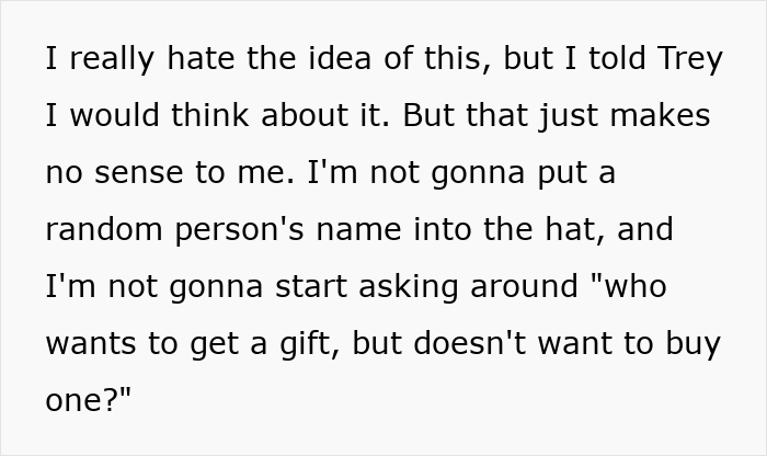 Text message expressing frustration about a Secret Santa organizer refusing coworker participation without gift acceptance.
