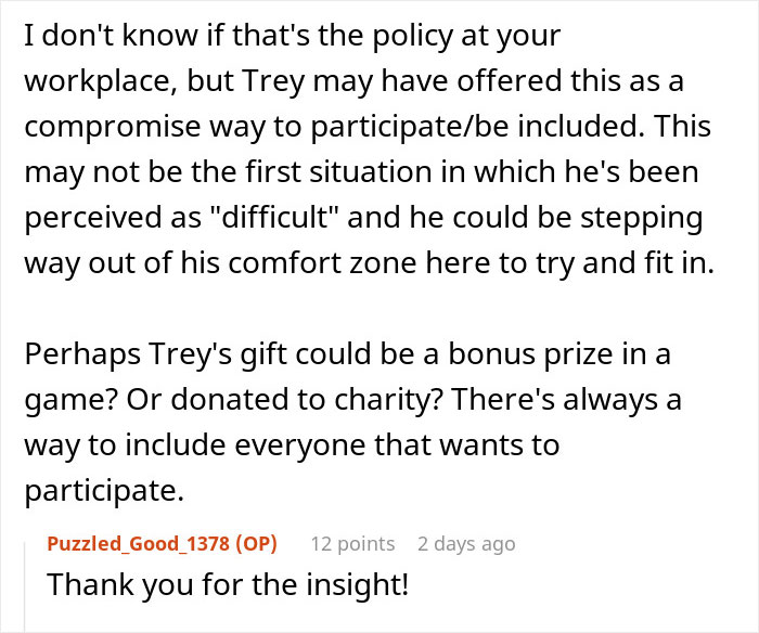 Comment discussing Secret Santa organizer rules about coworker participation and gift acceptance options in a workplace setting.