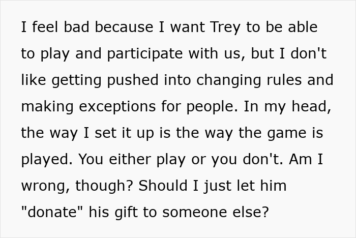 Alt text: Person discussing Secret Santa organizer rules about participation and gift exchange fairness in a workplace setting