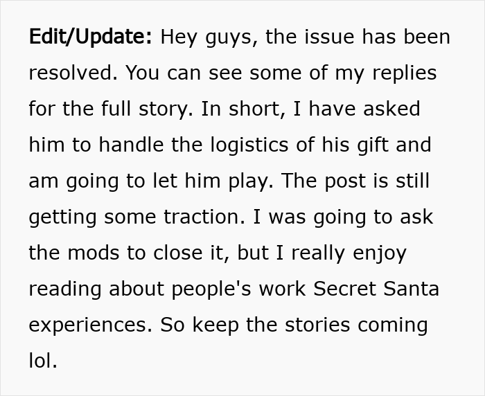 Text update about a Secret Santa organizer resolving issues and allowing a coworker to participate in gift logistics.