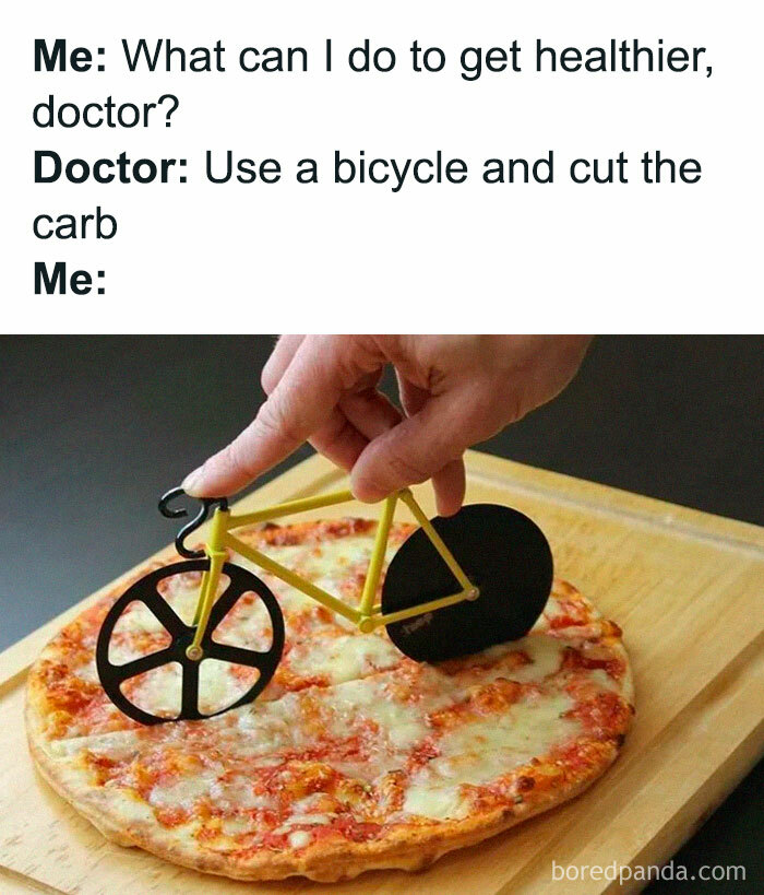 Person using a bicycle-shaped pizza cutter on a cheese pizza, illustrating self-deprecating memes feel personally attacked humor.