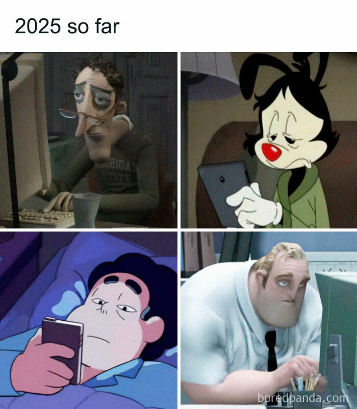Four animated characters looking tired or disinterested while using devices, capturing self-deprecating memes feel personally attacked.