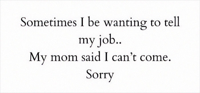 Text meme with self-deprecating humor expressing reluctance to work, using casual and apologetic tone.