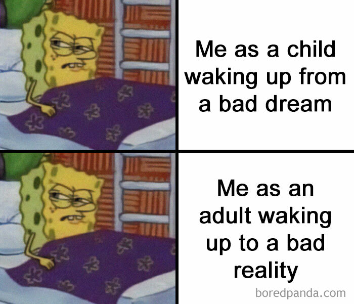 SpongeBob appearing annoyed in bed, illustrating self-deprecating memes that feel personally attacked by daily struggles.
