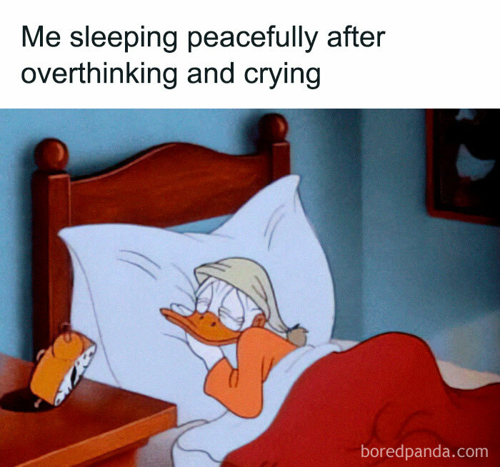 Donald Duck sleeping peacefully in bed, feeling personally attacked by self-deprecating memes about overthinking and crying.
