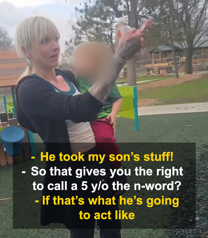 Woman holding child at playground in viral clash involving autistic boy and disturbing language faces trial.