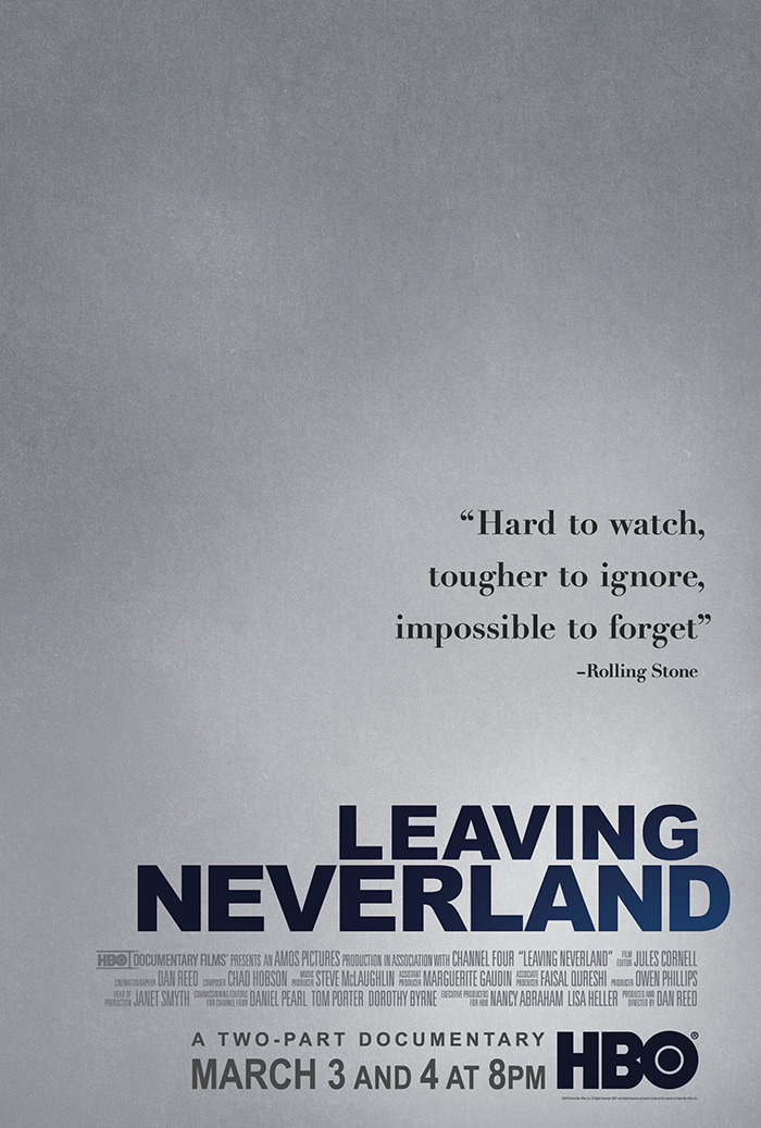 Leaving Neverland documentary poster highlighting disturbing new allegations against Michael Jackson from siblings amid biopic release.