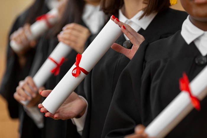 Graduates in black gowns holding diplomas tied with red ribbons, symbolizing college degrees and educational achievement.