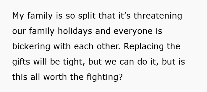 Text about family conflict and Christmas presents, highlighting a woman deciding to destroy child's gifts over charity concerns.
