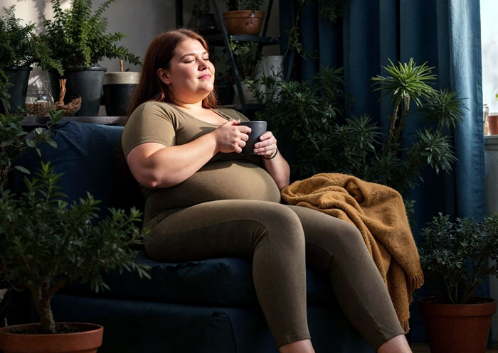 Obese woman relaxing on couch holding a cup, reflecting on a family conflict involving a separate chair purchase.