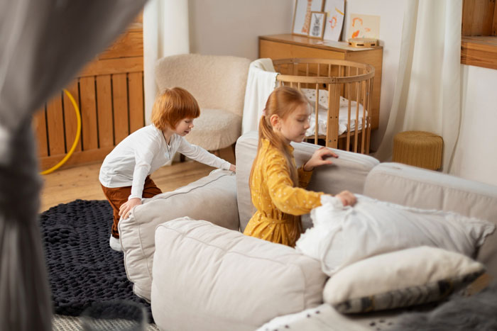 Two siblings in a gentle parenting house, tidying a cozy living room with soft furniture and warm natural light.