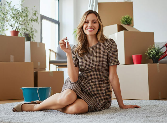 Young woman sitting among moving boxes, smiling and holding keys, relating to charging sister a clean-up fee after roaches spotted.