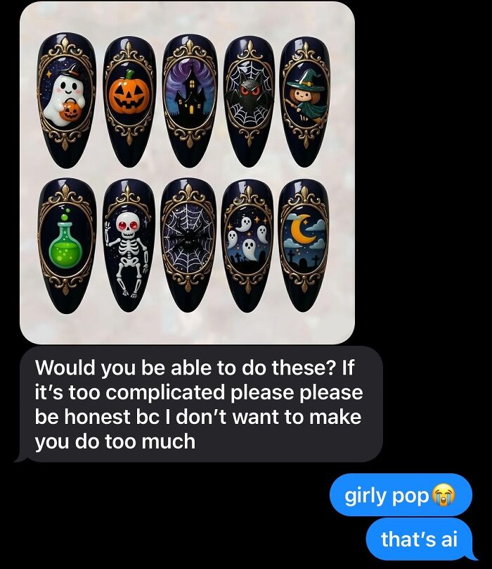 Client texts showing entitled requests with detailed Halloween nail art designs and polite refusals online.