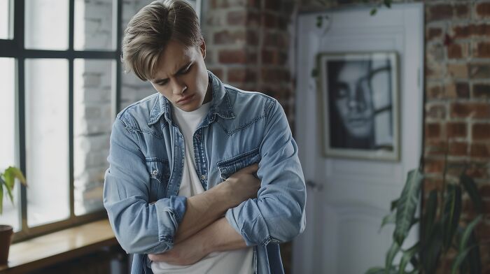 Teen boy in a denim jacket holding his arm in pain indoors, showing signs of sprain and possible c*****d ribs.
