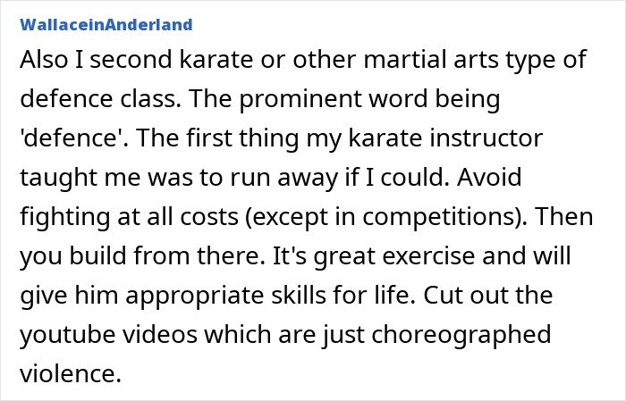 Text message about karate and self-defense classes, explaining the importance of running away and avoiding fights for safety.