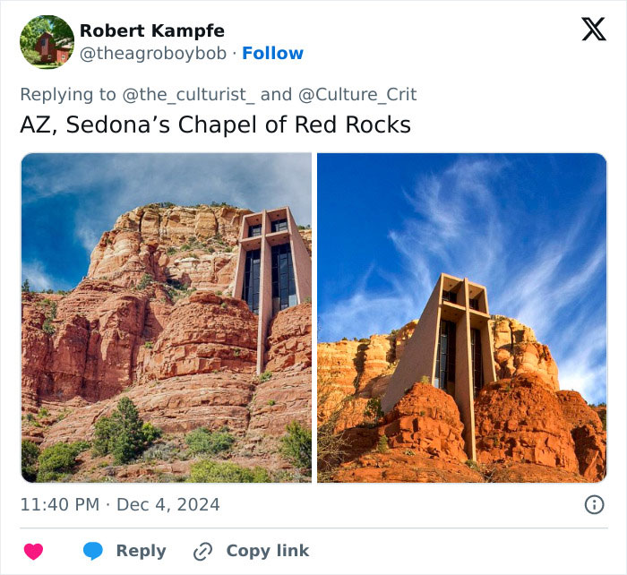 Chapels and churches built into red rock formations under a vibrant blue sky in Sedona, Arizona, showcasing striking architecture.