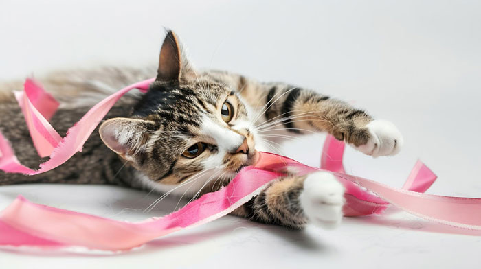 Tabby cat playing with pink ribbons, highlighting a story about parents planning to use teen's college fund for cat surgery.
