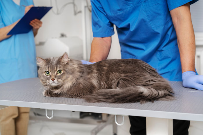 Veterinarian in blue scrubs examining a grey cat on a table while another staff member holds a clipboard in a clinic.