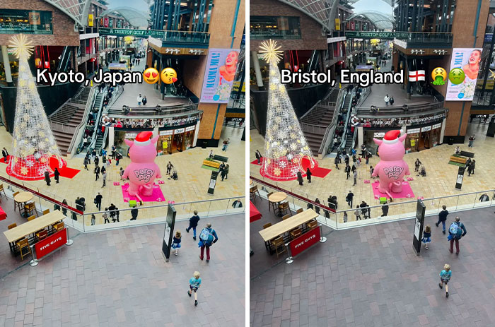 Comparison of a shopping mall decorated with a pink bear statue and Christmas tree, with Japan added for aesthetic appeal.
