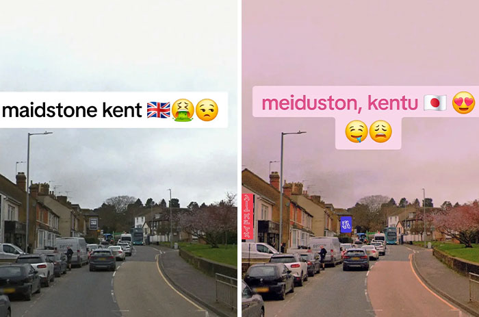 Side-by-side photos of a street scene transformed by adding Japan elements, making the image aesthetically pleasing.