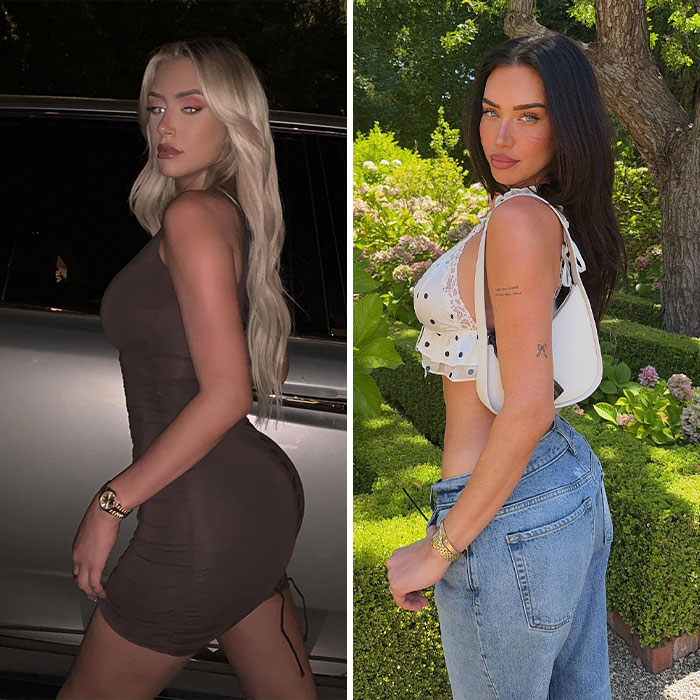 Two women posing side by side, highlighting body contour and plastic surgery results in outdoor and night settings.
