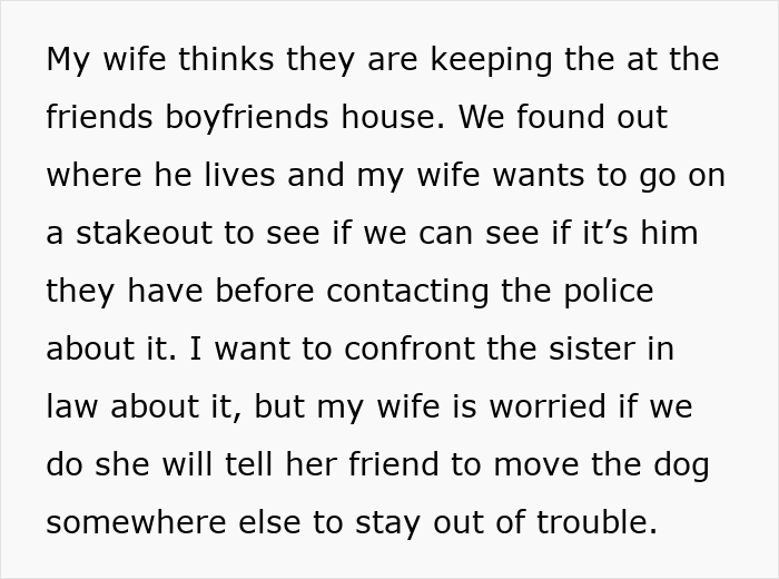 Text discussing a stolen wife's dog involving a sister-in-law, planning a stakeout before contacting the police.