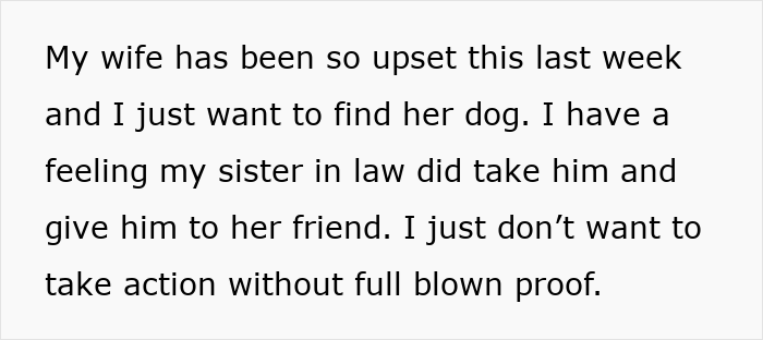 Man expressing concern about stolen wife's dog possibly taken by sister in law, seeking proof before taking action.
