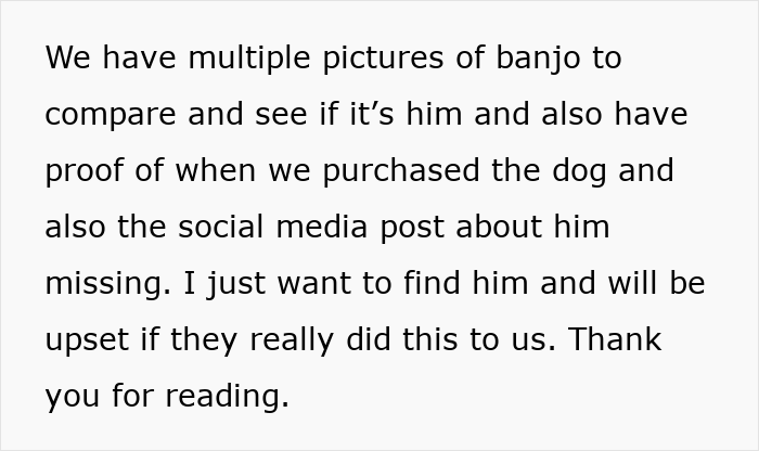 Text discussing having multiple pictures and proof to identify stolen wife's dog sister-in-law and finding the missing dog.