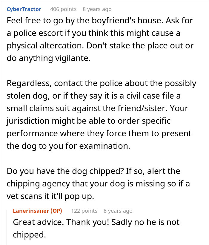 Reddit advice on handling a possibly stolen dog involving sister-in-law and legal steps for stolen wife's dog sister-in-law case.