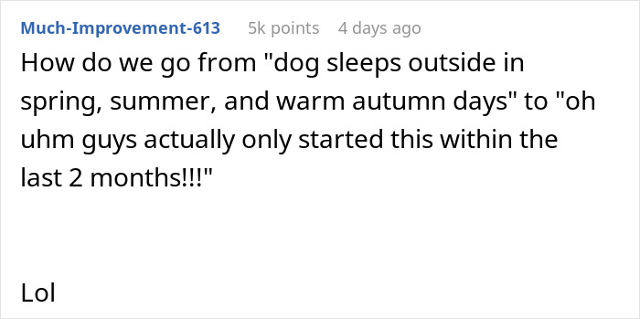Comment discussing confusion about a dog&rsquo;s outdoor sleeping habits related to stolen wife&rsquo;s dog sister-in-law situation.