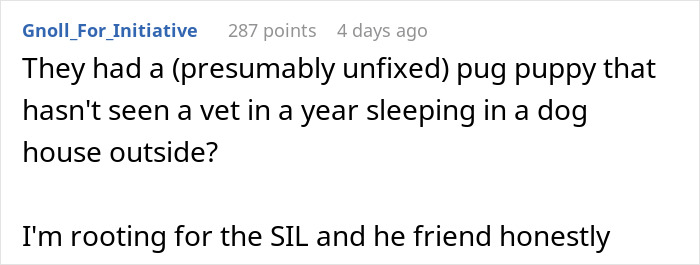Comment about an unfixed pug puppy sleeping outside, relating to stolen wife&rsquo;s dog and sister-in-law conflict.