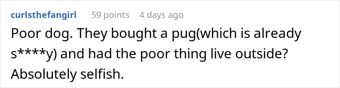 Comment discussing the stolen wife's dog and sister-in-law, criticizing keeping the dog outside.
