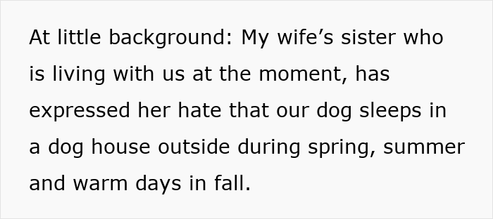 Text explaining the stolen wife&rsquo;s dog sister-in-law conflict about the dog sleeping outside in warm weather.